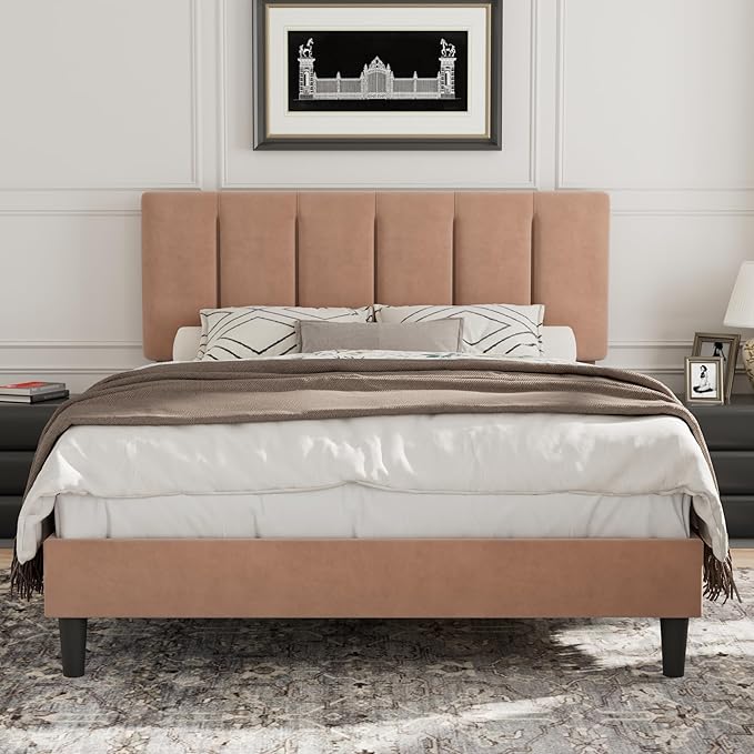 VECELO Full Size Bed Frame with Upholstered Headboard, Heavy-Duty Bedframe with Wooden Slats & Steel Framework, Easy Assembly, Coffee