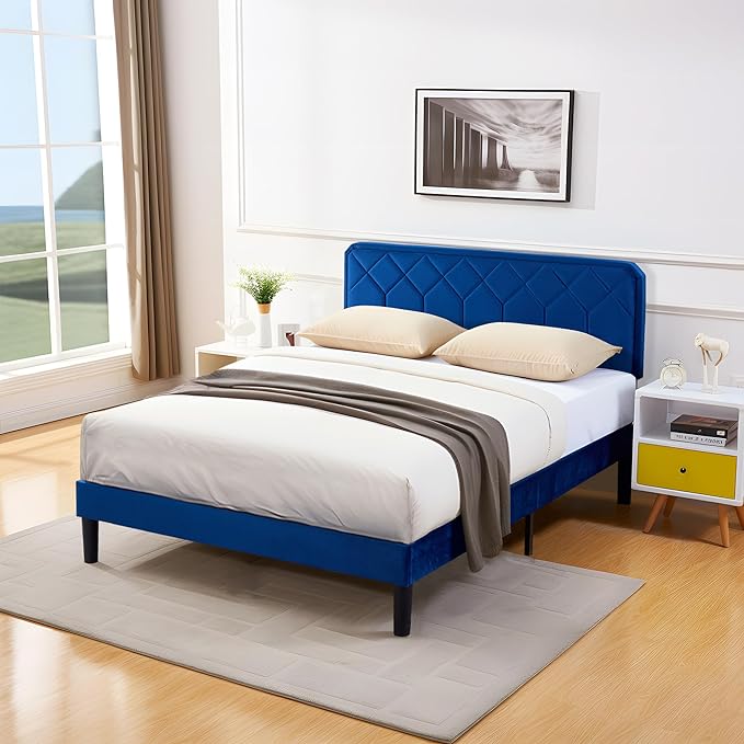VECELO Queen Size Bed Frame, Velvet Upholstered Platform with Adjustable Headboard, Mattress Foundation with Solid Wood Slats, No Box Spring Needed, Easy Assembly
