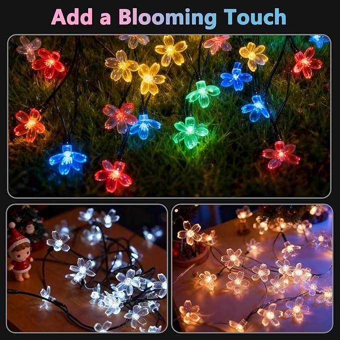 60 LED Solar String Lights Outdoor Waterproof Flower Fairy Lights for Garden Fence Patio Yard Christmas Tree Lawn Wedding Party Decor, Pure White