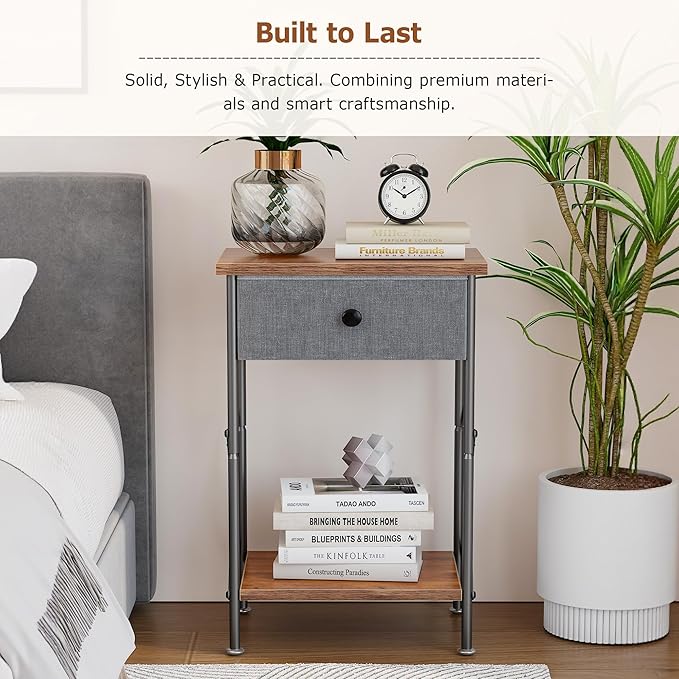 VECELO Night Stand Set of 2, Nightstand, Small End Table for Small Spaces, Wood Side Table for Living Room, Bedside Table with Drawer for Bedroom, Easy Assembly, Rustic Brown