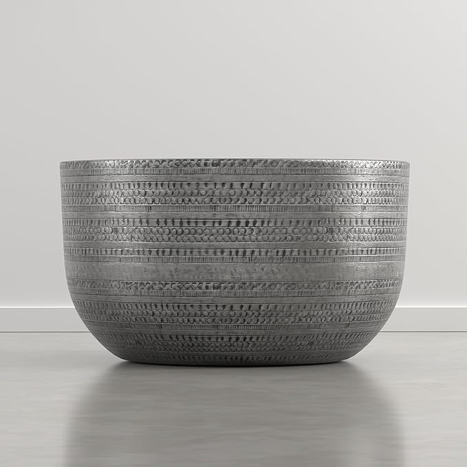 SIMPLIHOME Johnsen Metal Coffee Table - 30 inch Wide Solid Metal Round Drum Accent Table in Distressed Nickel, Boho Coffee Table for Living Room with Decorative Textured Design, Assembled