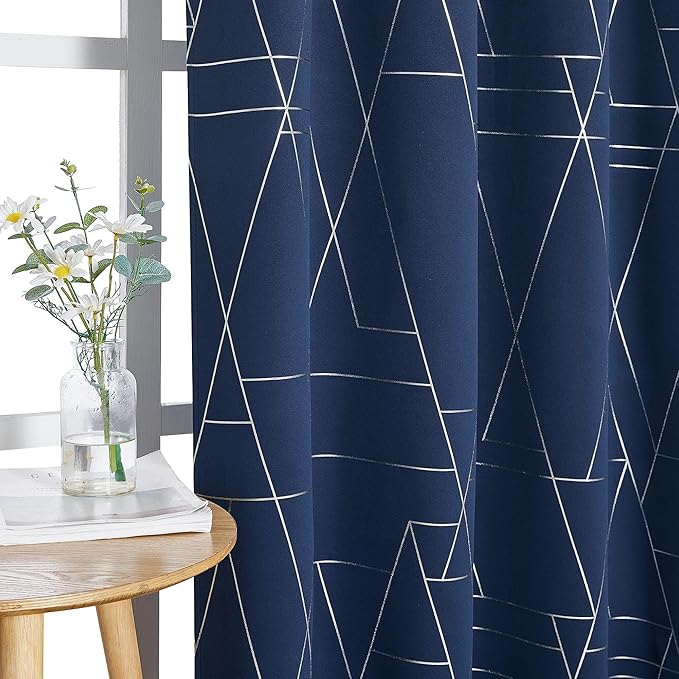 NICETOWN Blackout Curtain Panels 84 inches Long, Window Treatment Foil Printed Line Pattern Thermal Insulated Grommet Blackout Drapes for Living Room/Office/Guest Room (Navy, 1 Pair, 52 inches Wide)
