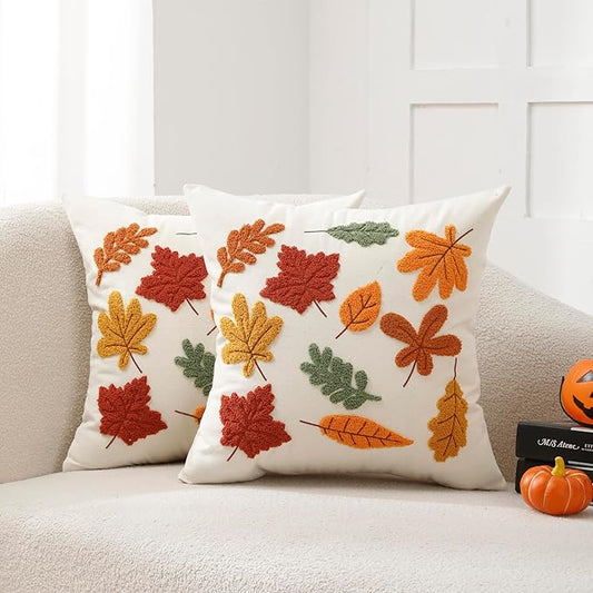 Fall Throw Pillow Covers 18x18 Set of 2 Autumn Thanksgiving Leaf Maple Leaves Decorative Embroidery Cushion Cases Decor Home Decorations for Couch Patio Furniture Bed Room Livingroom Sofa Porch