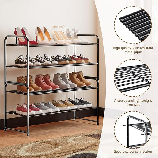 2 Tier Shoe Rack, 32.5" Wide Stackable Sturdy Metal Shoe Shelf Storage Organizer with Height-Adjustable for Entryway, Closet, Black