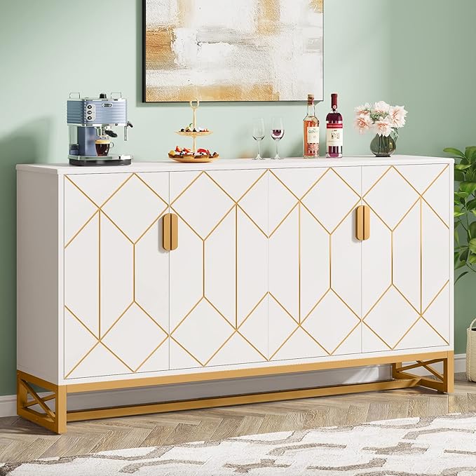 Tribesigns White Gold Storage Cabinet with Door and Adjustable Shelves for Living Room, Modern Floor Cabinets Long Sideboard Buffet Golden Coffee Bar with 4 Doors Metal Frame for Home Office Kitchen