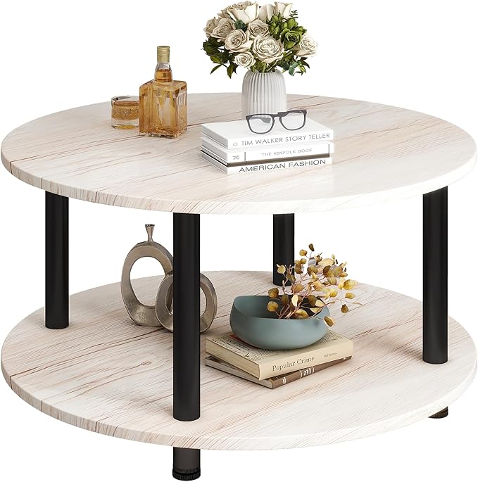 23.6" Round Coffee Table, 2-Tier Small Circle Coffee Table with Storage, Modern Center Accent Table with Metal Frame, Side Table End Table for Small Space, Living Room, Office, Teak Oak