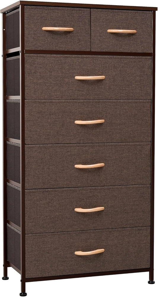 Crestlive Products Vertical Dresser Storage Tower - Sturdy Steel Frame, Wood Top, Easy Pull Fabric Bins, Wood Handles - Organizer Unit for Bedroom, Entryway, Closets - 7 Drawers (Brown)