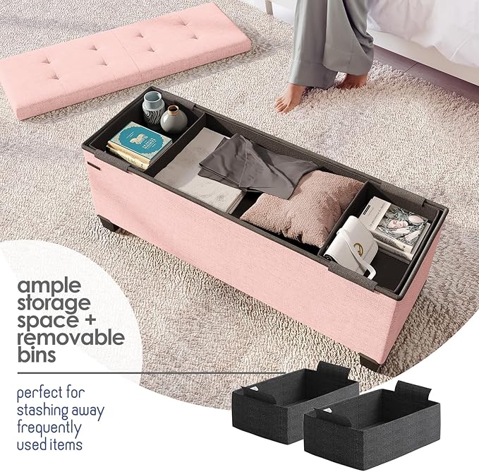 Storage Ottoman Bench with Bins, 43-in Storage Bench for Bedroom End of Bed, Folding Foot Rest Ottoman for Living Room Max 660lbs, Fabric Ottomans, Pink
