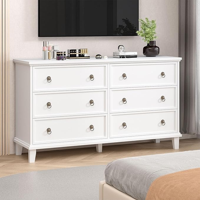 Large Dressers for Bedroom, 53.1" Wide White Farmhouse Dresser 6 Drawers, Wood Large Chest of Drawers for Bedroom, Living Room, Hallway