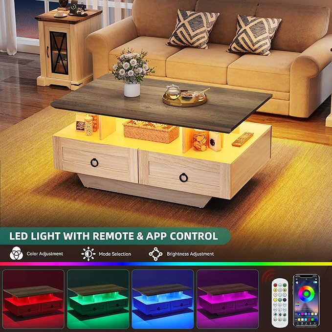 YITAHOME Farmhouse LED Coffee Table with Storage 4 Drawers, Wood Coffee Tables for Living Room, 2 Tiers Open Display Area with Metal Chic Handles, Industrial Cocktail Center Table, Brown and Oak