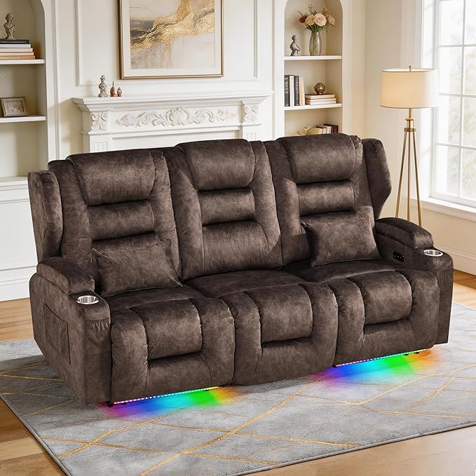 SAMERY Power Loveseat Recliner Sofa, Wall Hugger Reclining Loveseat Sofa, Movie Home Theater Seating with Flip-Backrest, Solid Wood Top, Ambient LED Lights, USB-C, Outlets, Velvet, Chestnut | Extra Wide Seat, Plush Padding, Dual Power Recline, Flip-Dow...