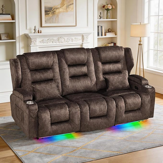 SAMERY Power Loveseat Recliner Sofa, Wall Hugger Reclining Loveseat Sofa, Movie Home Theater Seating with Flip-Backrest, Solid Wood Top, Ambient LED Lights, USB-C, Outlets, Velvet, Chestnut | Extra Wide Seat, Plush Padding, Dual Power Recline, Flip-Dow...