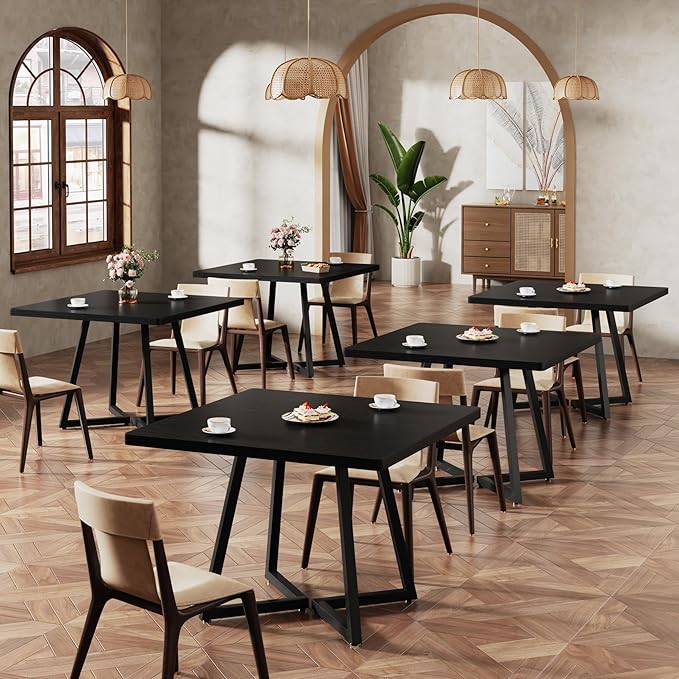 Tribesigns Square Dining Table, 31.5" Industrial Dinner Table with Metal Base, Kitchen Table for Dining Room, Small Space, Apartment, Black (6pcs)