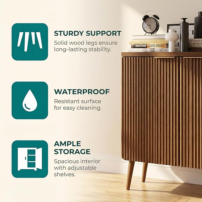 FONTOI 29.5" Wood Fluted Buffet Cabinet with 2 Doors & Storage - Multifunctional Kitchen Sideboard Credenza for Living Room & Entryway, Walnut