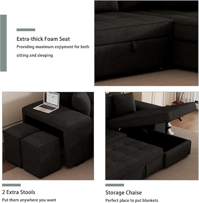 Merax 3 Seat Reversible Sectional Couch, Modern L-Shape Pull Out Sleeper Sofa with Storage Chaise and 2 Stools for Living Room Furniture Set, Gray