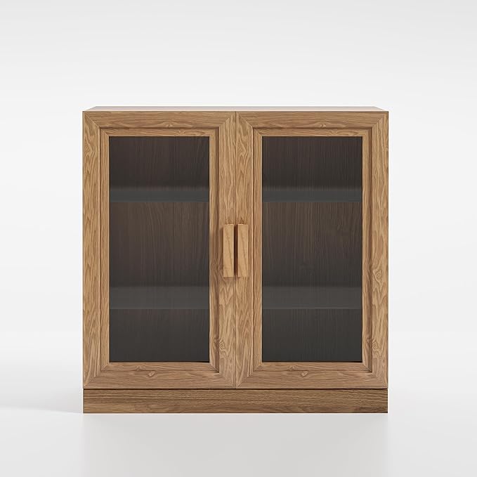 Casaphoria Adam Sideboard Buffet Cabinet with Storage, Display Cabinet with Glass Doors & Adjustable Shelves, 31" W x 36" H Buffet Cabinet for Entryway Kitchen Living Room, Oak