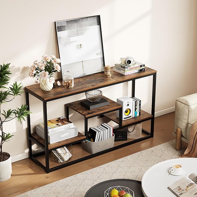YOUDENOVA Tall TV Stand for TVs up to 55 Inch, TV Console Table with 3-Tier Open Storage Shelves, Modern Industrial Entertainment Center for Living Room, Bedroom，Rustic Brown
