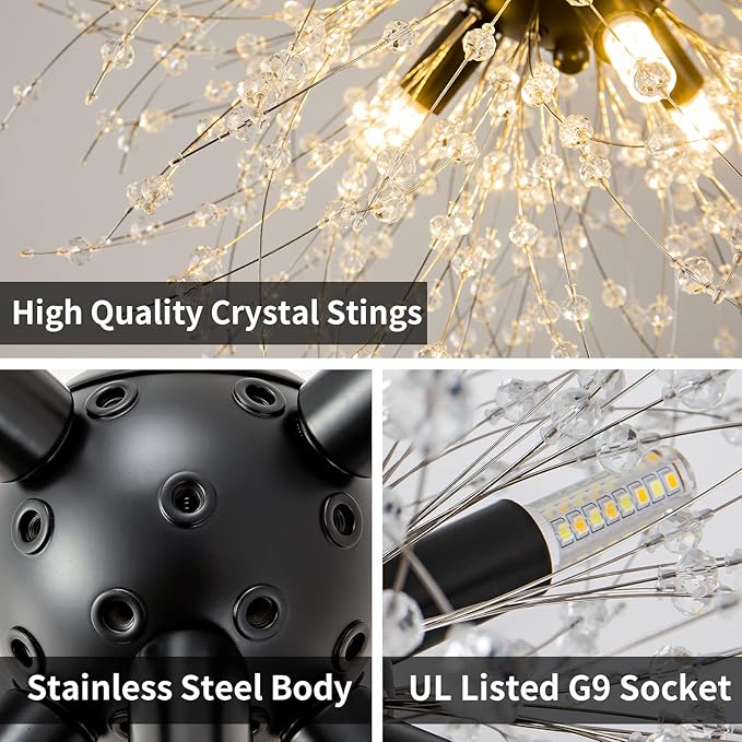 CM MZY Modern Crystal Chandeliers Firework, 9-Light Black Dandelion Sputnik Ceiling Light Fixtures, Sputnik Chandelier Pendant Light for Bedroom Living Room Dining Room Kitchen Island Hallway