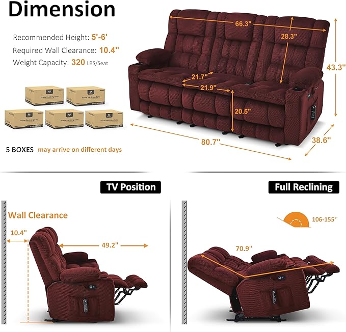 MCombo 80.7" W 3 Seater Power Reclining Sofa with Heat and Vibration Massage, Zero Gravity Recliner Sofa Couch for Living Room, Fabric 6316M3 (Burgundy, 3-Seater)