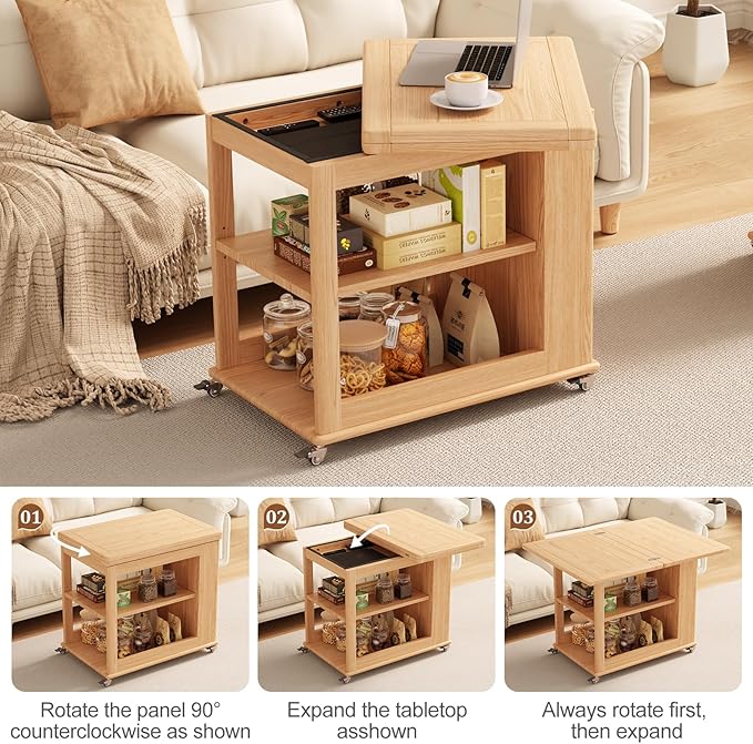 Folding Dining Table with Wheels, Solid Wood Dining Table Stylish 2-Tier Design for 2-4,Natural Hidden Storage for Living Room,Small Spaces, Dining Room, Kitchen