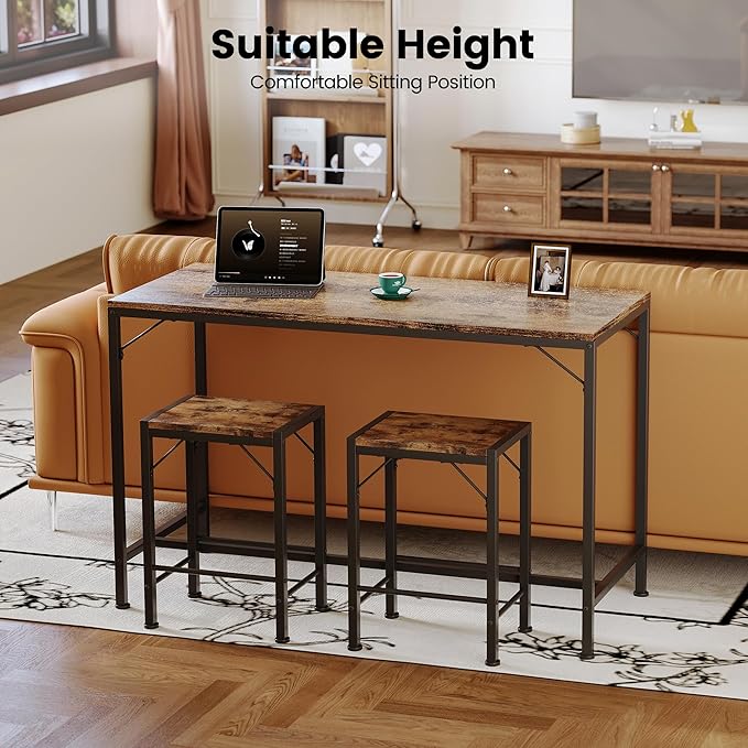 Homeiju Bar Table and Chairs Set, Bar Table with 2 Stools, Space-Saving Dining Pub Set for 2, Perfect for Kitchen, Breakfast Nook, Living Room & Small Spaces (Rustic Brown)