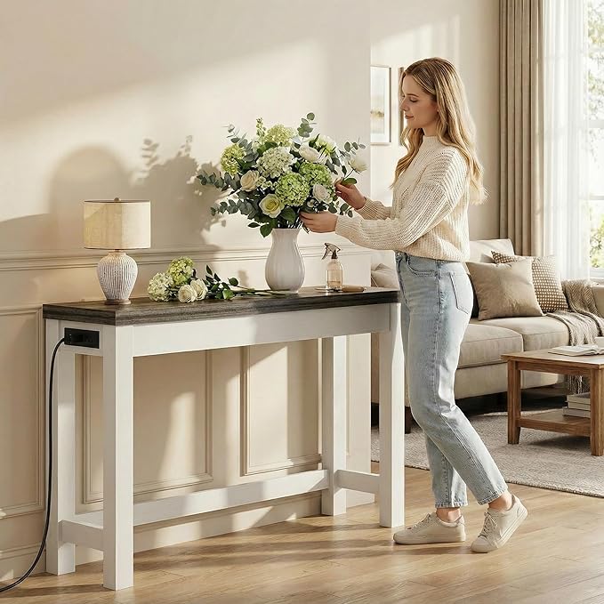 Cyclysio 47" Console Tables for Entryway, Narrow Console Tables for Living Room, Behind Couch Table, Sturdy Wood Support Hallway Table with 3AC+2USB Charging‌ Station, Oak