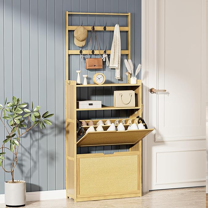 Shoe Cabinet with 2 Rattan Flip Drawers，Bamboo Shoe Storage Cabinet with Coat Hooks, Freestanding Shoe Cabinet Storage for Entryway,Hallway, Closet, Living Room,Natural