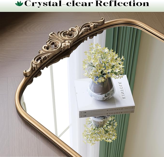 Arched Antique Gold Wall Mirror, 28"x36" Vintage Bathroom Mirror Over Sink, Ornate Arched Brass Wall Mirror for Fireplace, Living Room, Entryway, Bedroom, Hanging or Leaning