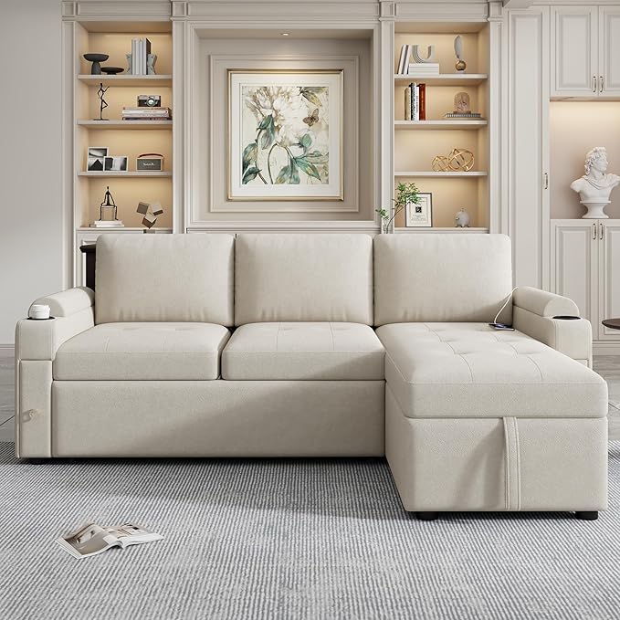 Eafurn 83.5" Sleeper Sectional Sofa with Pull Out Couch Bed, Convertible L-Shaped Sofa with Storage Chaise, Quick Assemble Sleeper Corner Sofa with Cup Holders & USB Ports