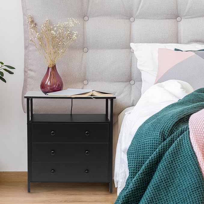 3 Wooden Drawers Night Stand, 27 Inch Wide Nightstand with Charging Station and Adjustable Drawers, Small Dresser for Closet, Bedside Table for Living Room/Bedroom/Office