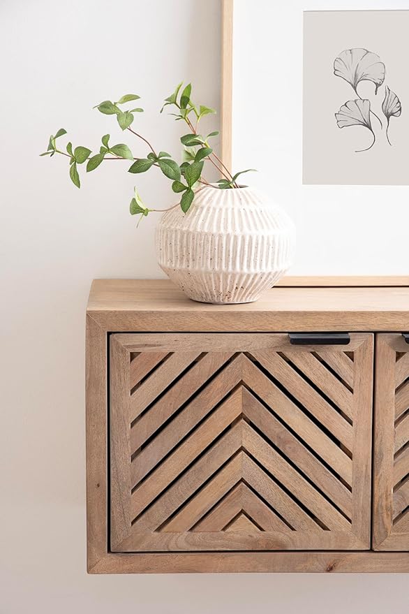 Kate and Laurel Mezzeta Decorative Two-Door Wall Cabinet; 30 x 10 x 14; Natural Wood; Decorative Modern Storage Cabinet for Use as Floating Nightstand or Floating TV Shelf