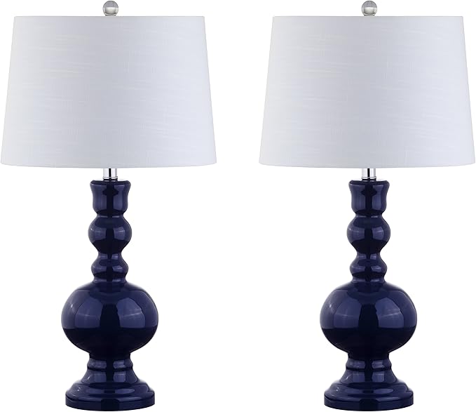 JONATHAN Y 28.5" Navy Glass Table Lamp Set of 2 for Living Room Bedroom Decor, Modern Bedside Lamps with White Linen Shade, LED Bulbs Included (JYL1061E-SET2)