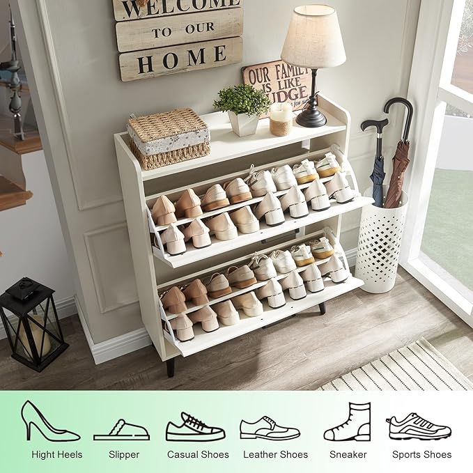 Shoe Storage Cabinet with 2 Flip Drawers, Farmhouse Hidden Shoe Organizer, Narrow Slim Shoe Rack Cabinet for Entryway Hallway,Antique White