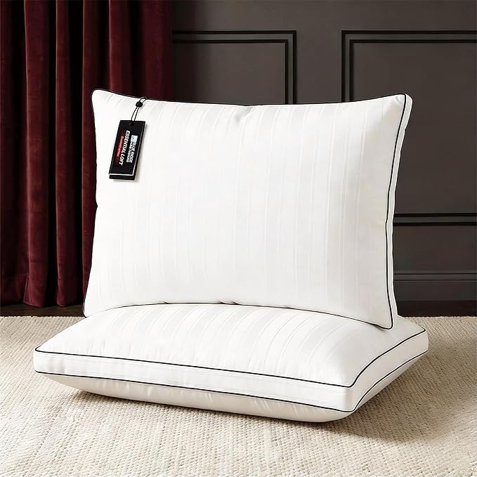 Blue Ridge Home Fashions Luxury Hotel Collection Bed Pillows Queen Size Set of 2, Soft Medium 500 Thread Count Damask Stripe Embroidered 100% Cotton Cover, Gusseted Down Alternative