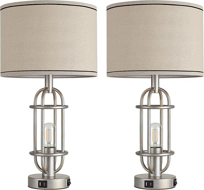 Table Lamps for Living Room Set of 2, 22.3" Farmhouse Lamps for Nightstand, Industrial Table Lamps for Bedroom with USB Ports, Bulbs Included