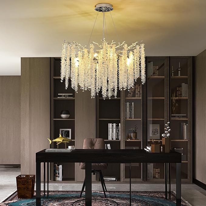 Modern Crystal Tree Branch Chandelier, Chrome Round Art Deco Raindrop Lighting Fixture for Dining Room Bedroom Foyer 6 Lights D18''