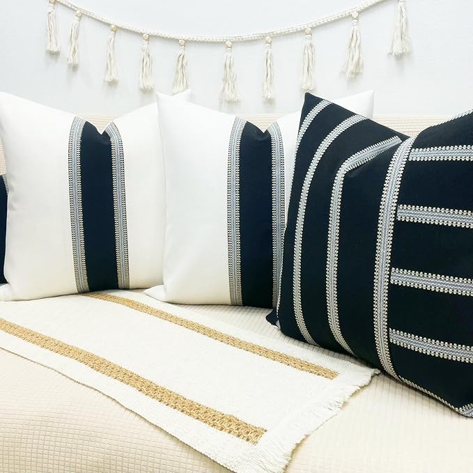 Slow Cow Linen Off White and Black Patchwork Throw Pillow Covers Decorative Cushion Covers 18 x 18 Inches