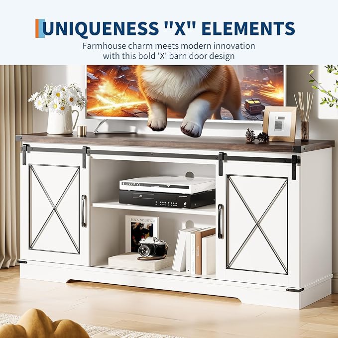 GarveeHome Farmhouse TV Stand for TV up to 65 in and Entertainment Center with Sliding Barn Doors, Tv Media Console Table with Storage Cabinet for Living Room, Bedroom, White & Brown