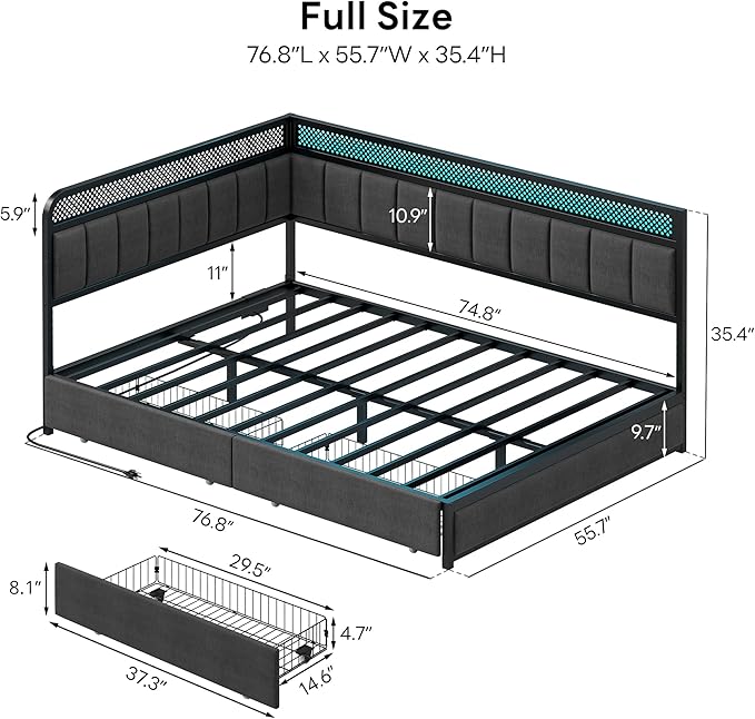 LIKIMIO Full Corner Bed Frame with Storage Drawers and Charging Station, Modern Full Daybed with LED Lights and Upholstered Guardrail, Gray
