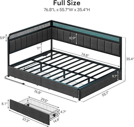 LIKIMIO Full Corner Bed Frame with Storage Drawers and Charging Station, Modern Full Daybed with LED Lights and Upholstered Guardrail, Gray