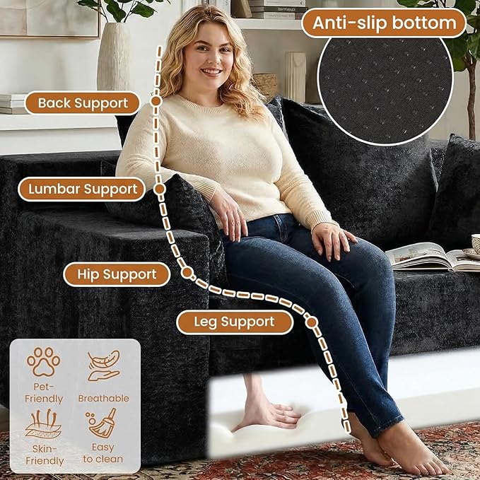 Convertible Sofa Bed, 5 in 1 Small Boneless Couch Pull Out Loveseat Sleeper Sofa,Corduroy Futon Couch Folding Mattress with 4 Pillows for Living Room (Black, Loveseat(Silky Velvet))