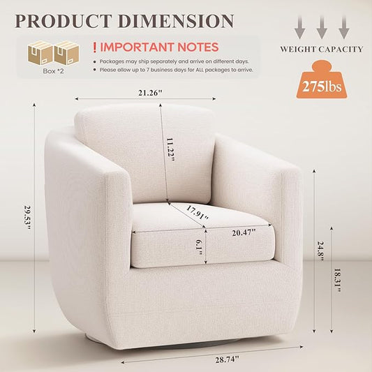 360° Swivel Accent Chair Set of 2- Comfy Living Room Armchair No-Sag Foam & Sturdy Metal Base with Pillow, Fully Assembled Swivel Accent Single Sofa for Bedroom Living Room, Office, Beige