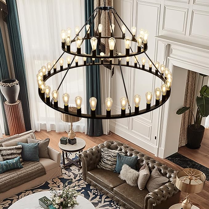 Wagon Wheel Chandelier 2 Tier 54-Light 60-inch, Farmhouse Industrial Chandelier Black Rustic Pendant Light Fixture Extra Large for High Ceilings, Living Room Foyer