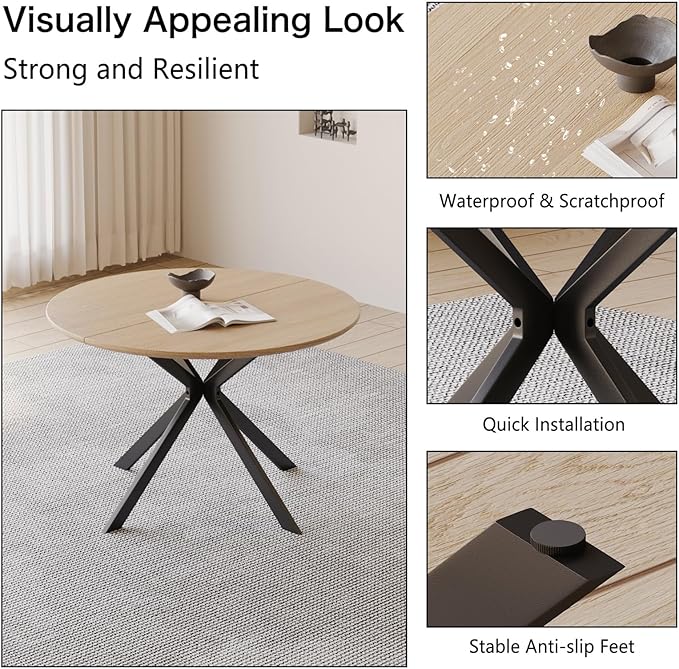 ALBAD 46.4" Round Dining Table, Mid Century Modern Round Dining Room Table for 4-6 with Metal Legs, Easy Assembly Coffee Table, Space-Saving Design for Kitchen and Dining Room