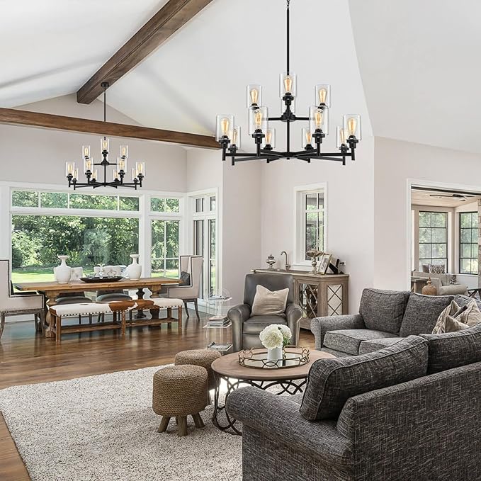 Black Chandelier for Living Room Light Fixture, Large Farmhouse Chandeliers with Clear Glass Shade, Industrial 2-Tier 12 Lights Hanging Lighting for Dining Room Restaurant Villa