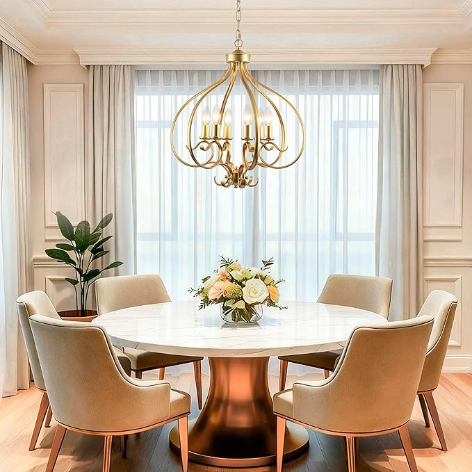 6 Lights Gold Farmhouse Chandelier for Dining Room,19.68" Large Modern Vintage Rustic Adjustable Gold Chandelier Pendant Light Fixtures for Kitchen Island Living Room Entryway Hallway Foyer Bedroom