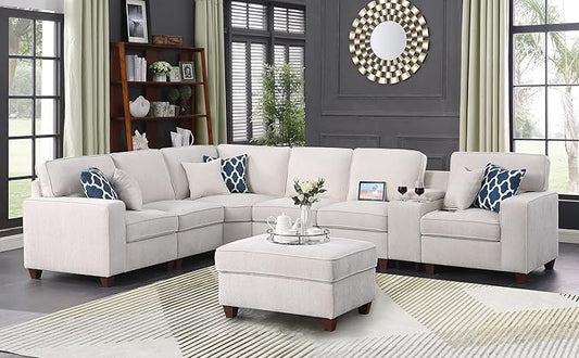 YOPTO 127" L-Shaped Sectional Couch with Movable Ottoman & 6 Throw Pillows,7 Seat Chenille Upholstered Sofa W/2 Cup Holder,USB Port & Hidden Storage Box,DIY Combination,for Living Room,Apartment,Beige