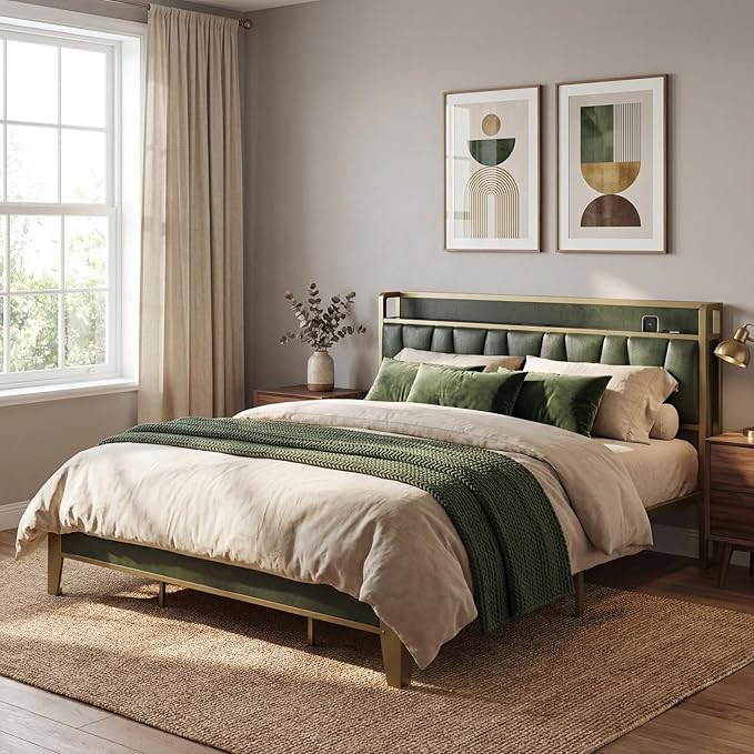 LIKIMIO California King Bed Frame, Storage Headboard with Charging Station, Solid and Stable, Noise Free, No Box Spring Needed, Easy Assembly (Dark Green)