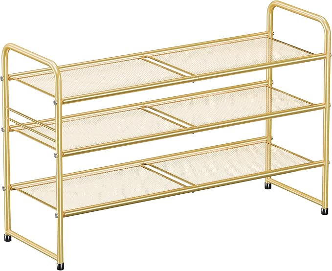 SUFAUY Shoe Rack for Closet, 33 inch Metal Shoe Shelf Heavy Duty, 3 Tier Mesh for Shoes, Gold