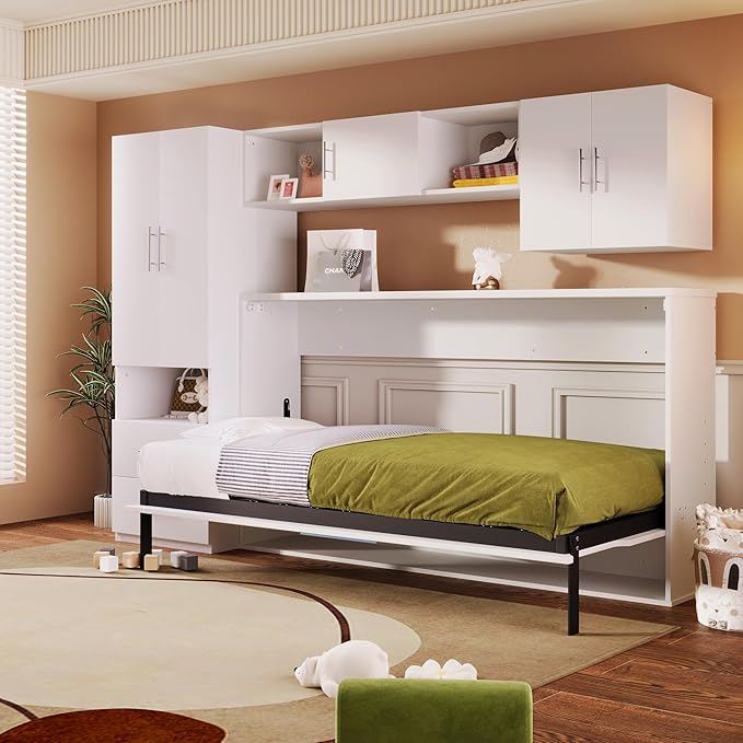 Merax Twin Murphy Bed Cabinet with Storage Wardrobe, Wood Folding Wall Cabinet Bed w/Open Shelves & Drawers, for Guest Room, Home Office, White